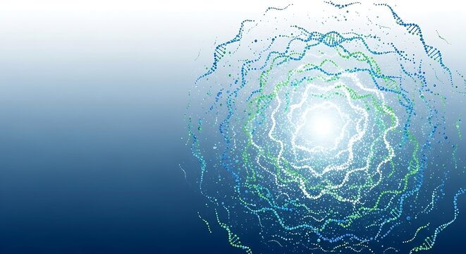 Abstract representation of swirling DNA-like strands or energy waves in shades of blue and green, emanating from a bright center. - Powered by Adobe