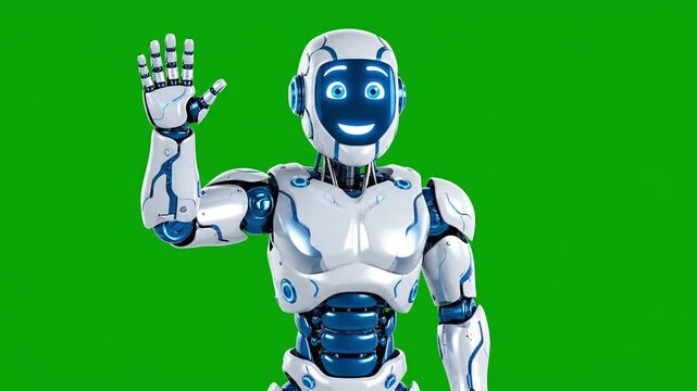 Friendly futuristic robot waving hello with a cheerful digital face on green screen