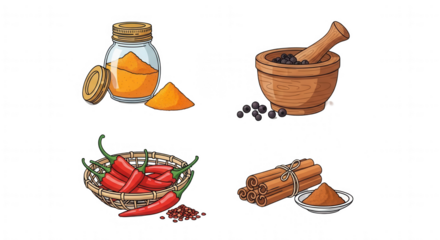 Various spices display jar turmeric mortar pepper basket chili peppers cinnamon bundles