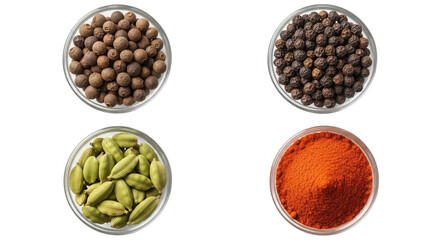 Various spices displayed in bowls culinary ingredients freshness transparency