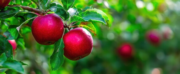 Obraz premium The Red Apples Hanging on a Sunlit Branch in a Lush Orchard
