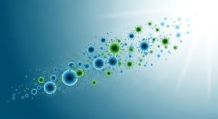 Abstract illustration of microscopic cells or viruses flowing in a blue and green biological background with light.