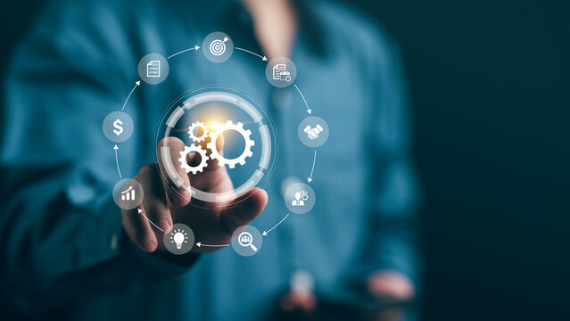 Business process automation concept with digital gears and workflow icons. Smart technology solution for management, strategy planning, optimization, innovation, and corporate efficiency.