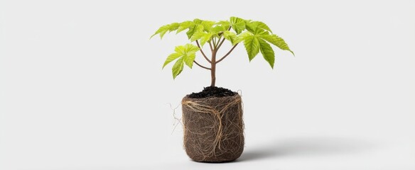 The young sapling with exposed root ball isolated on a clean white background