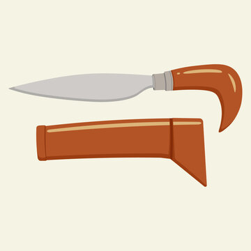 Vector illustration of Badik traditional dagger from South Sulawesi Indonesia. Bugis Makassar cultural weapon with wooden handle and sheath isolated on plain background