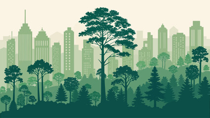 City skyline silhouette with lush green forest urban nature landscape vector illustration