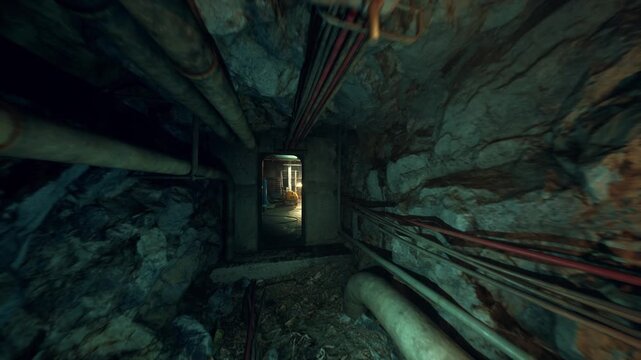 service tunnel framed by metal pipes, warm exit light glowing at end, organized cable runs and patched insulation, welded brackets and visible valves, clean