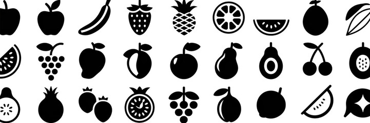 A collection of black and white fruit icons arranged in a grid pattern