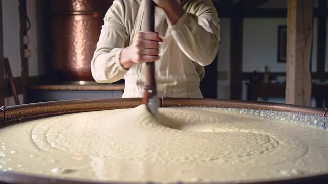man stirring milk in vat, artisan using long wooden paddle to create circular motion in warm milk, copper tanks in background, steady repetitive technique for curd formation in old