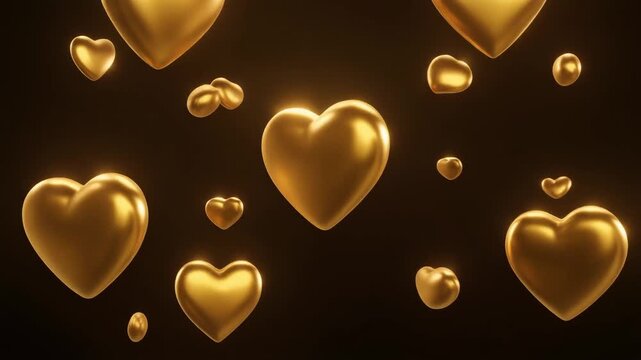 Floating golden heart shapes of varying sizes on dark background, creating elegant and romantic visual depth.