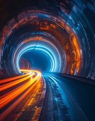 Illuminated tunnel with speeding lights and vibrant hues