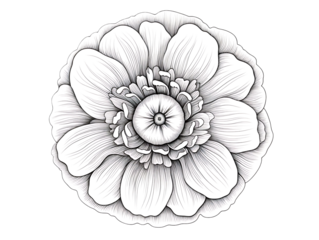 Black and white flower line art drawing sketch with detailed petals for coloring isolated on transparent background