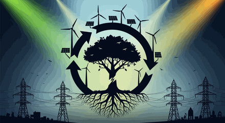 Sustainable energy concept with tree wind turbines solar panels and power lines in a circular eco friendly design
