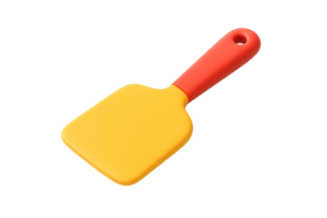 Yellow and red plastic toy spatula icon for kitchen cooking equipment and culinary preparation design elements isolated on transparent background