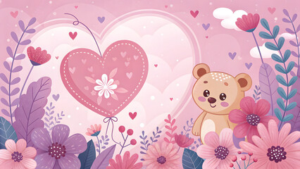 Valentines Day Pink And Purple Heart Shaped Background With Teddy Bear And Floral Decorations.