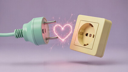 Electrical plug connecting to socket with heart-shaped sparks, love of energy concept