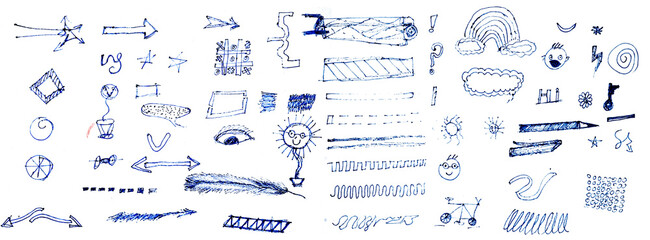 Blue pen scribble and doodle collection. Blue pen lines, arrows and scribbles at grid notebook background. Crayon drawn note doodles for hand drawn diagram, infographic and journaling.
