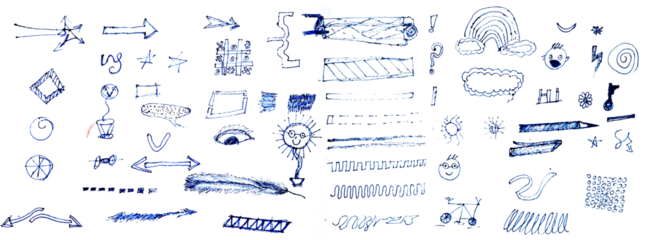 Blue pen scribble and doodle collection. Blue pen lines, arrows and scribbles at grid notebook background. Crayon drawn note doodles for hand drawn diagram, infographic and journaling.