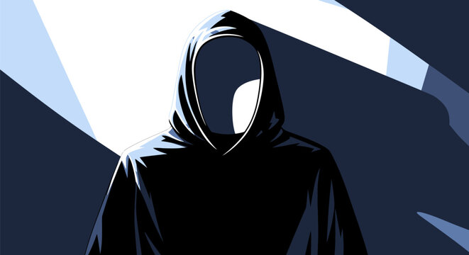 Mysterious hooded figure in dark clothing standing alone with face obscured by shadows and light