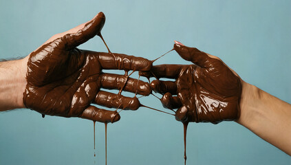 Chocolate hands shaking in a playful connection, sweet indulgence and delicious partnership concept