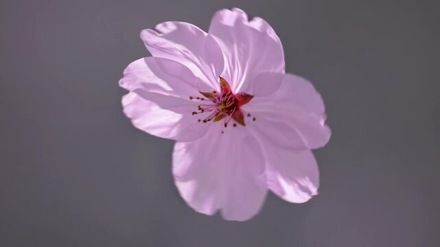 Close-up video of a delicate pink flower petal floating against a soft gray background, captured from a low angle for a serene, dreamy effect. Live desktop wallpaper.
