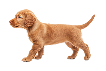 Cute golden puppy dog walking side view adorable pet animal purebred canine domestic mammal brown fur happy friend little baby isolated on transparent background