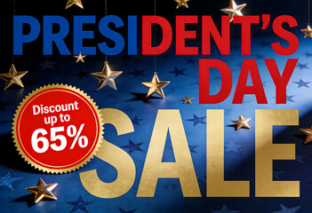 Background for president day sale with red and blue text and golden stars for national holiday celebration