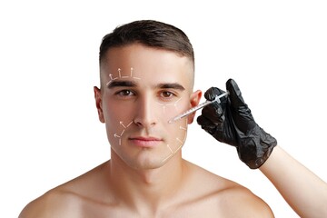 Man receiving cosmetic treatment in a clinical setting with focus on facial areas