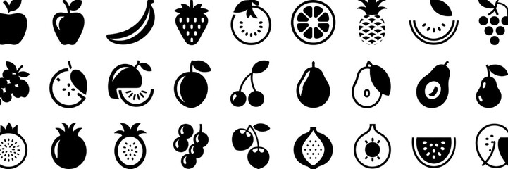A collection of black and white fruit icons arranged in a grid pattern