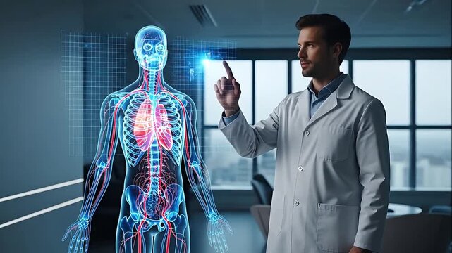 Doctor Using Holographic Technology To Examine Virtual Human Anatomy In Modern Medical Office