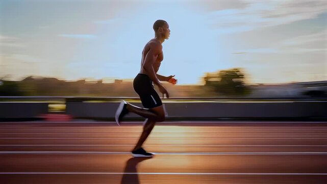 sprinter powering down sunset track, shirtless athlete drives explosive stride along glossy lanes, stadium lights and golden hour sky create motion blur, focused posture, fast pace,