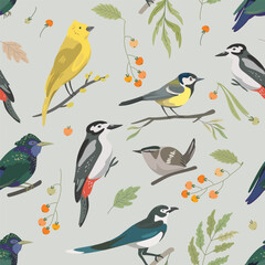 Seamless pattern with forest birds, leaves, berry