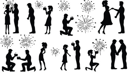 Obraz premium Silhouette of couples in romantic poses with fireworks in the background