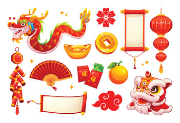 Traditional Lunar New Year elements with dragon, lion dance and lucky gold coins. Vector cartoon illustration