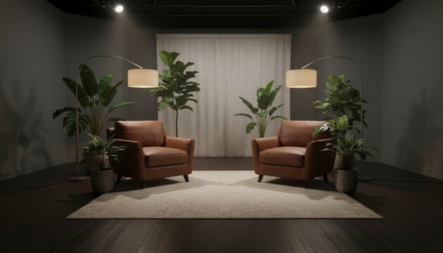 Elegant studio interview set with two brown leather armchairs and plants