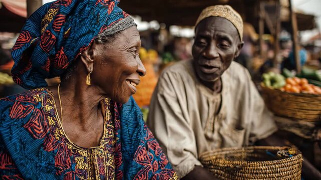 Smiling senior African couple selling produce at a vibrant market. Traditional clothing, warm expressions, authentic lifestyle. Aged vendors, local commerce, cultural scene.