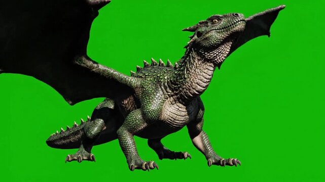 A detailed illustration of a fearsome emerald dragon with spread wings against a bright green background, suitable for fantasy art and game development