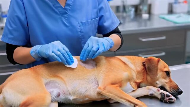 Gloved technician prepares intravenous catheter on calm dog, cleaning insertion site and securing device with precise sterile technique on stainless steel treatment table in busy clinic