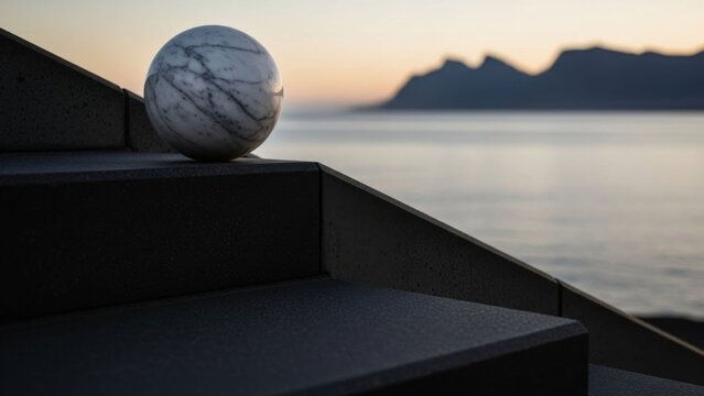Marble Sphere on Modern Stairs Overlooking Ocean Sunset