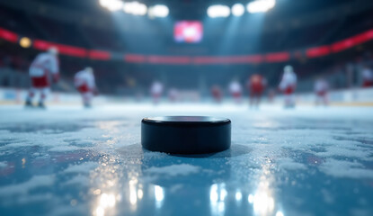 Close-up shot of a hockey puck on the ice of a stadium with blurred players in the background during a game