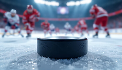 Close up of a hockey puck on ice with blurred players in the background during a professional game on a brightly lit arena
