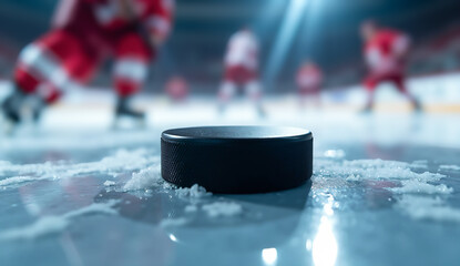 Close-up of a hockey puck on the ice, with blurred hockey players in the background, suggesting a dynamic sports moment