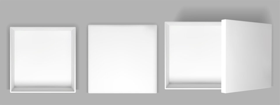 Top view of white square box with open gift package and shadow inside. Realistic cardboard container mockup with 3d empty interior and paper lid. Vector mock up above isolated on background