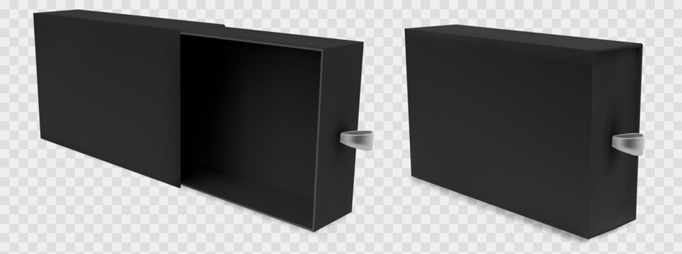 Black mockup box with slide drawer and square gift sleeve packaging for luxury presentation. 3d cardboard pull case with realistic open top view. Isolated template for product. Matchbook with ribbo