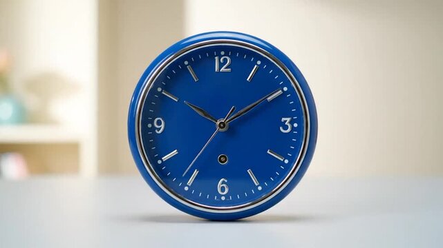 A bright blue analog clock with silver hands sits on a light surface