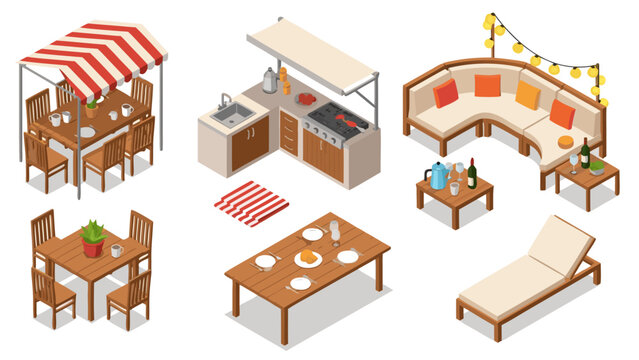 Isometric vector illustration of outdoor living spaces including dining areas, kitchens, and lounge furniture, perfect for design projects