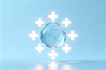 Glass globe with plus signs on blue background