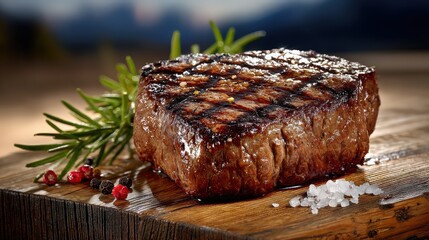 Grilled Juicy Beef Fillet Steak with Rosemary and Spices on Wood