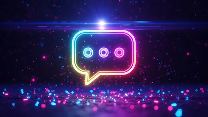 A vibrant neon speech bubble with glowing dots on a dark background