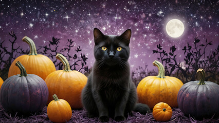 Title: Mysterious Black Cat Sitting in Night Field with Glowing Halloween Jack O Lantern Pumpkins Under a Majestic Starry Galaxy Sky and Vibrant Sunset Horizon for Spooky Autumn Celebration